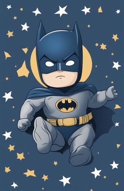 A high-quality digital art design of a baby's graphic tee in midnight blue, featuring the iconic Batman logo surrounded by small, white stars