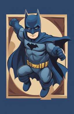 A high-quality digital art design of a baby's graphic tee in midnight blue, featuring a cartoon-style Batman in a heroic pose