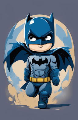 A high-quality digital art design of a baby's graphic tee in midnight blue, featuring a cartoon-style Batman in a heroic pose