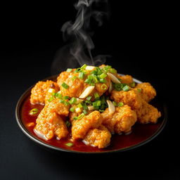 A visually stunning plate of crispy fried chicken submerged in a thick, dark brown sauce, generously topped with finely chopped green onions and garlic
