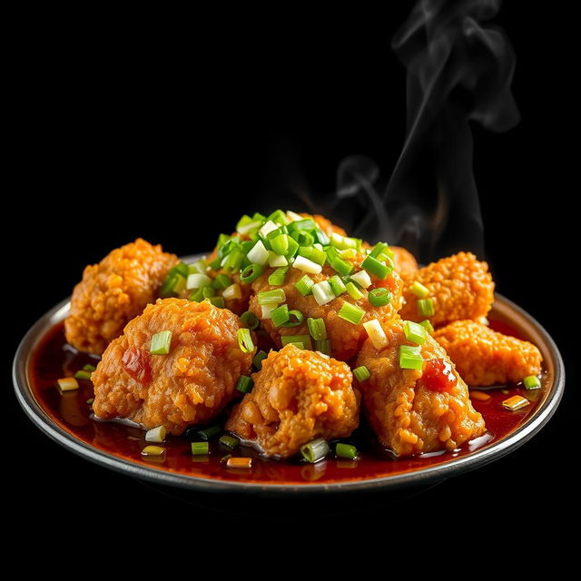 A visually stunning plate of crispy fried chicken submerged in a thick, dark brown sauce, generously topped with finely chopped green onions and garlic