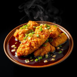 A visually stunning plate of crispy fried chicken submerged in a thick, dark brown sauce, generously topped with finely chopped green onions and garlic