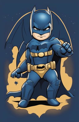 A high-quality digital art design of a baby's graphic tee in midnight blue, featuring a cartoon-style Batman in a heroic pose