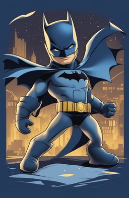 A high-quality digital art design of a baby's graphic tee in midnight blue, featuring a cartoon-style Batman in a heroic pose