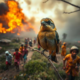 A small bird perched on a delicate tree branch, its eyes wide and expressive, reflecting a mixture of determination and concern