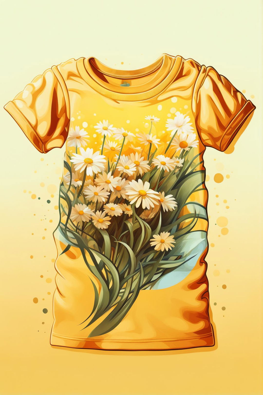 A high-quality digital art design of a baby's graphic tee in pastel yellow, featuring a vibrant cluster of daisies with white petals and golden-yellow centers