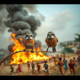 A small bird perched on a delicate tree branch, its eyes wide and expressive, reflecting a mixture of determination and concern