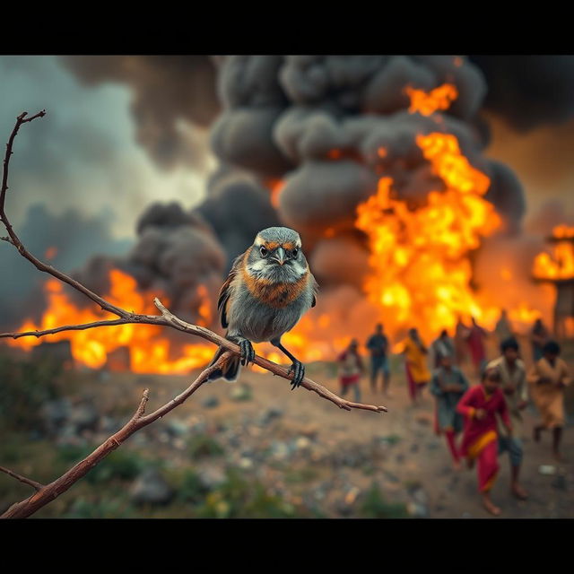 A small bird perched on a delicate tree branch, its eyes wide and expressive, reflecting a mixture of determination and concern