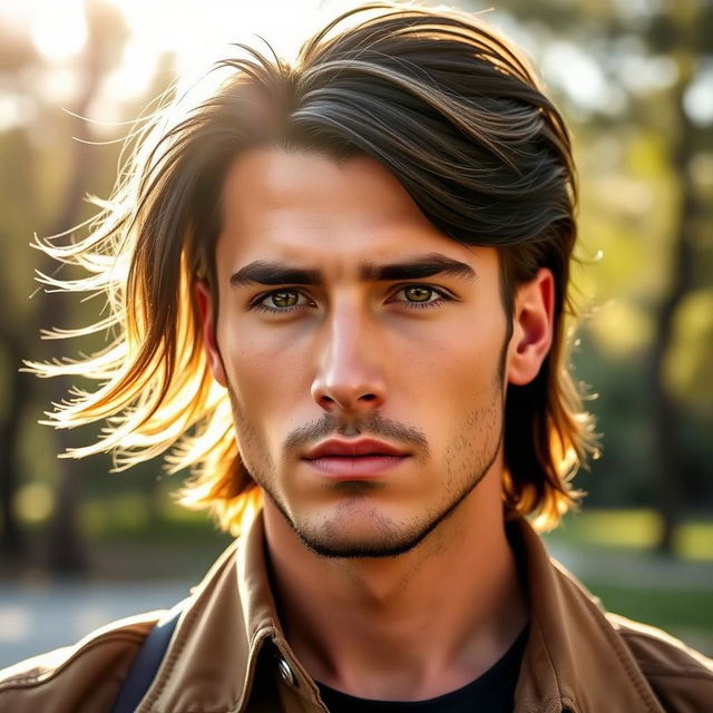 A man with long hair flowing from the sides and back, while the front features short hair, creating a stylish and modern look