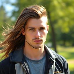 A man with long hair flowing from the sides and back, while the front features short hair, creating a stylish and modern look