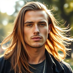 A man with long hair flowing from the sides and back, while the front features short hair, creating a stylish and modern look