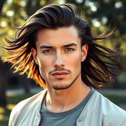 A man with long hair flowing from the sides and back, while the front features short hair, creating a stylish and modern look