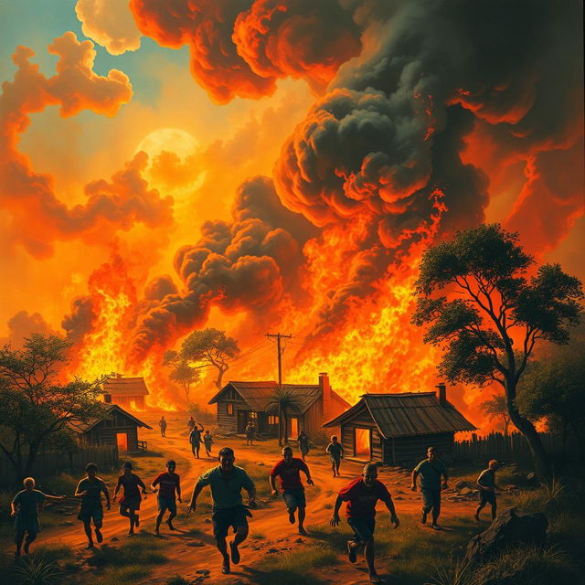 A small village engulfed in roaring flames, with vibrant colors capturing the chaos of the scene