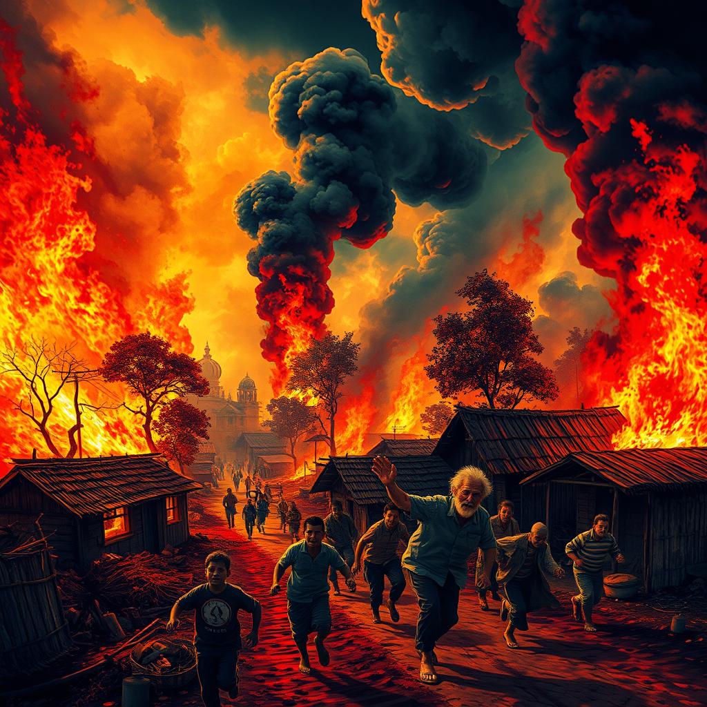 A small village engulfed in roaring flames, with vibrant colors capturing the chaos of the scene