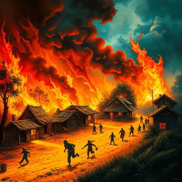 A small village engulfed in roaring flames, with vibrant colors capturing the chaos of the scene