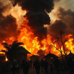 A small village engulfed in roaring flames, depicted in a vertical orientation (1080:1920) to emphasize the height of the fiery chaos
