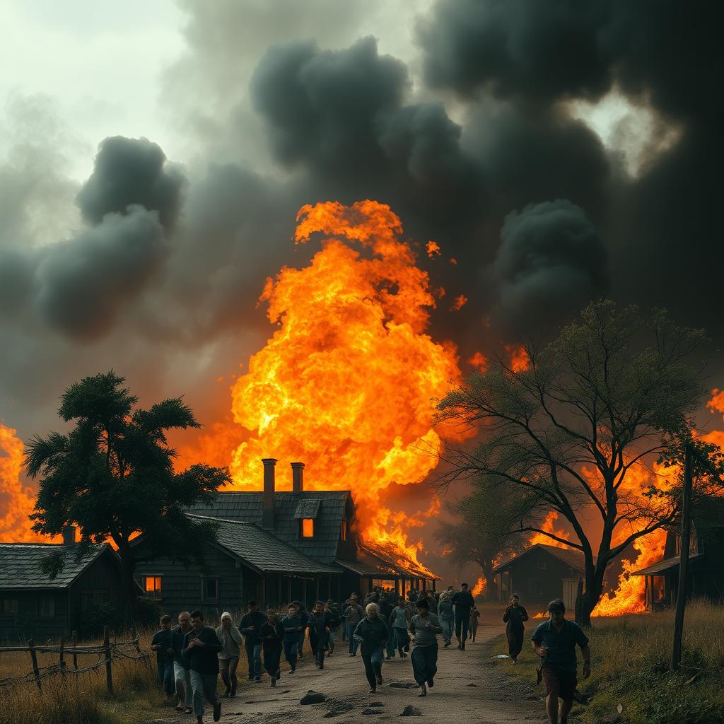 A small village engulfed in roaring flames, depicted in a vertical orientation (1080:1920) to emphasize the height of the fiery chaos