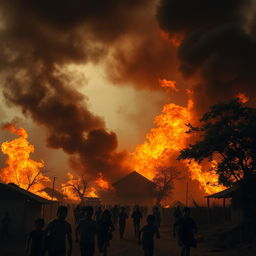 A small village engulfed in roaring flames, depicted in a vertical orientation (1080:1920) to emphasize the height of the fiery chaos