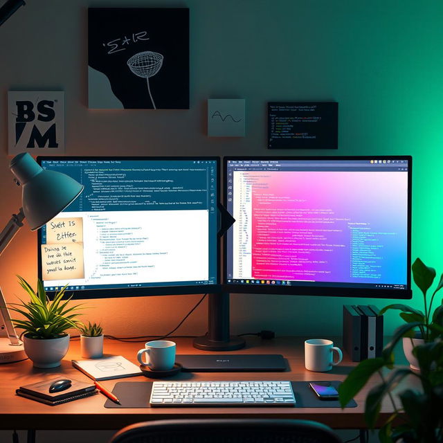 A creative workspace that illustrates the process of converting a PSD (Photoshop Document) file to HTML code