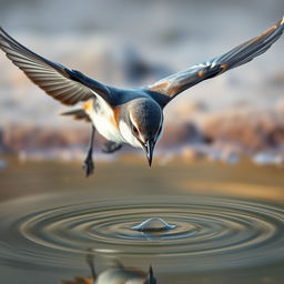 A close-up view of a small bird in mid-flight, wings outstretched as it flies towards a serene small pond