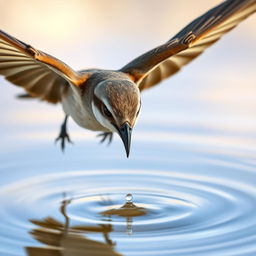 A close-up view of a small bird in mid-flight, wings outstretched as it flies towards a serene small pond