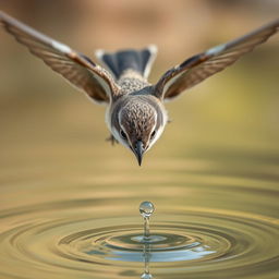 A close-up view of a small bird in mid-flight, wings outstretched as it flies towards a serene small pond