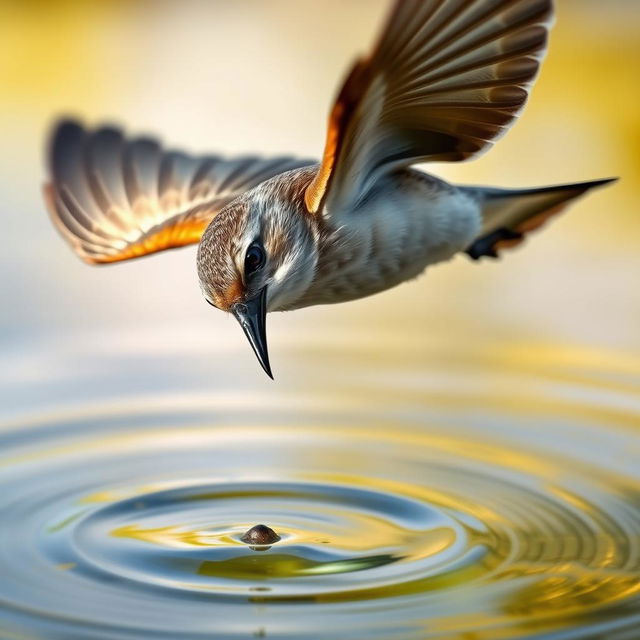 A close-up view of a small bird in mid-flight, wings outstretched as it flies towards a serene small pond