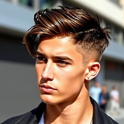 A stylish male model showcasing a trendy short hairstyle