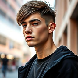 A stylish male model showcasing a trendy short hairstyle