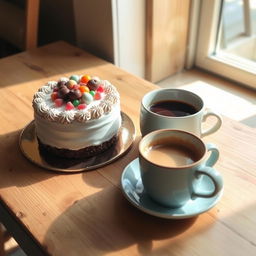 A cozy and inviting scene featuring two beautifully decorated cakes, with intricate frosting and colorful toppings, sitting side by side on a wooden desk