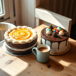 A cozy and inviting scene featuring two beautifully decorated cakes, with intricate frosting and colorful toppings, sitting side by side on a wooden desk