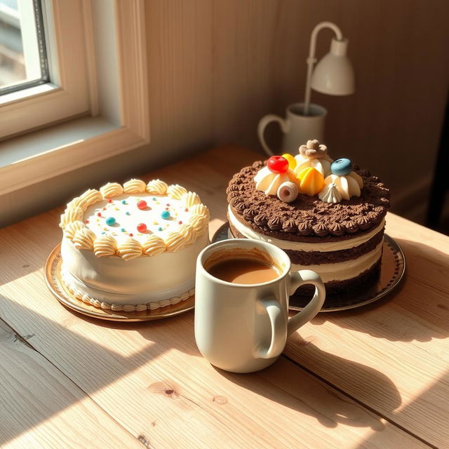 A cozy and inviting scene featuring two beautifully decorated cakes, with intricate frosting and colorful toppings, sitting side by side on a wooden desk