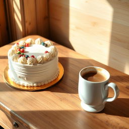 A cozy and inviting scene featuring two beautifully decorated cakes, with intricate frosting and colorful toppings, sitting side by side on a wooden desk
