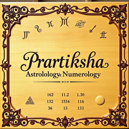 A beautifully designed wooden board featuring the words 'Pratiksha Astrology and Numerology' in elegant, calligraphic lettering