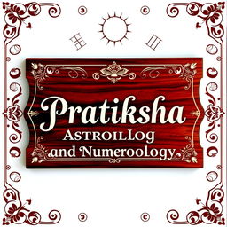 A beautifully designed wooden board featuring the words 'Pratiksha Astrology and Numerology' in elegant, calligraphic lettering