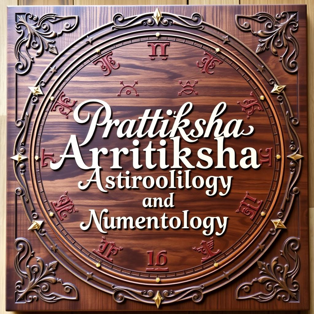 A beautifully designed wooden board featuring the words 'Pratiksha Astrology and Numerology' in elegant, calligraphic lettering