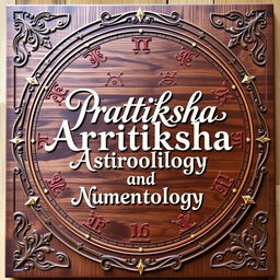 A beautifully designed wooden board featuring the words 'Pratiksha Astrology and Numerology' in elegant, calligraphic lettering