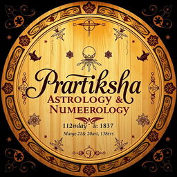 A beautifully designed wooden board featuring the words 'Pratiksha Astrology and Numerology' in elegant, calligraphic lettering