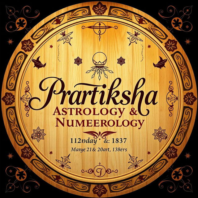 A beautifully designed wooden board featuring the words 'Pratiksha Astrology and Numerology' in elegant, calligraphic lettering