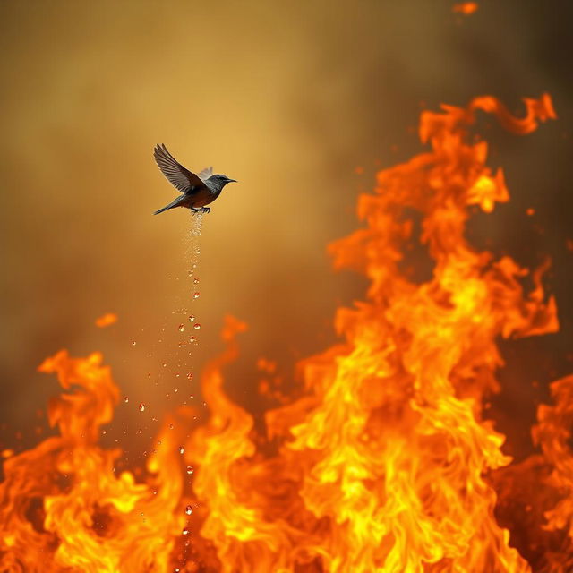 A poignant scene depicting a small bird flying back towards a large, raging fire, showcasing a sense of bravery and determination