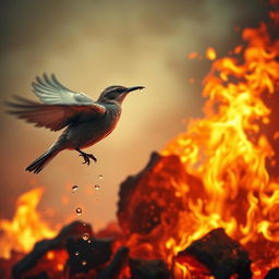 A poignant scene depicting a small bird flying back towards a large, raging fire, showcasing a sense of bravery and determination