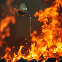 A poignant scene depicting a small bird flying back towards a large, raging fire, showcasing a sense of bravery and determination