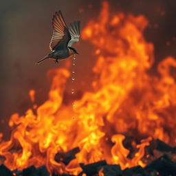 A poignant scene depicting a small bird flying back towards a large, raging fire, showcasing a sense of bravery and determination