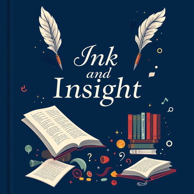 A book cover design featuring the title 'Ink and Insight' prominently displayed at the center in an elegant serif font, with a deep blue background