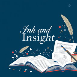 A book cover design featuring the title 'Ink and Insight' prominently displayed at the center in an elegant serif font, with a deep blue background