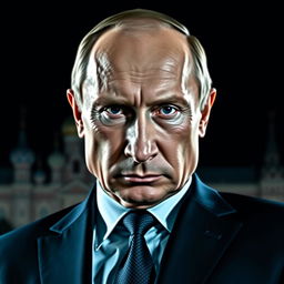 A powerful portrait of President Vladimir Putin, depicted in a dignified and commanding pose