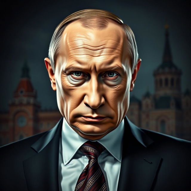 A powerful portrait of President Vladimir Putin, depicted in a dignified and commanding pose