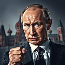 A powerful portrait of President Vladimir Putin, depicted in a dignified and commanding pose