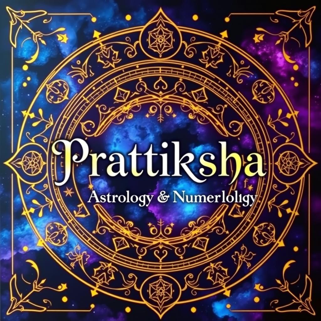 A beautifully designed board showcasing the themes of astrology and numerology, prominently featuring the name 'Pratiksha Astrology and Numerology'