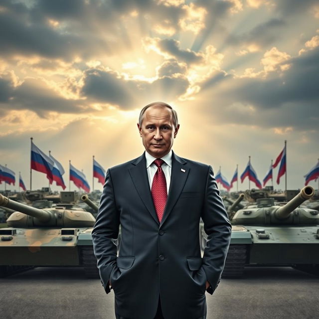 A powerful scene featuring President Putin standing confidently amidst a diverse lineup of tanks, showcasing military strength